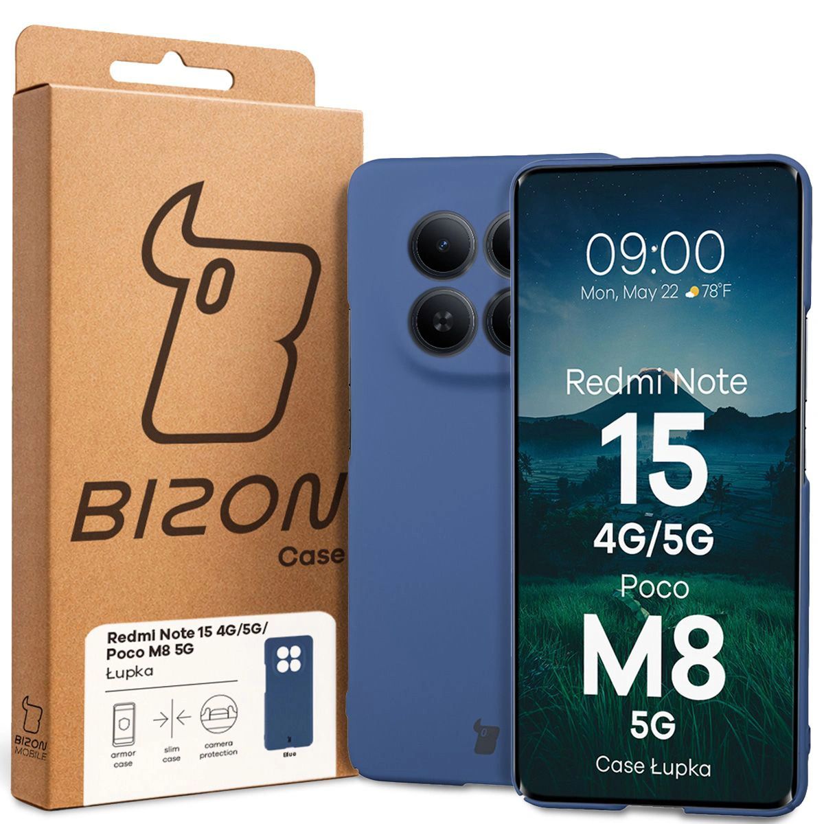 Przód pudełka Bizon Case z dedykowaną etykietą do Xiaomi Redmi Note 15 / Xiaomi POCO M8 5G
